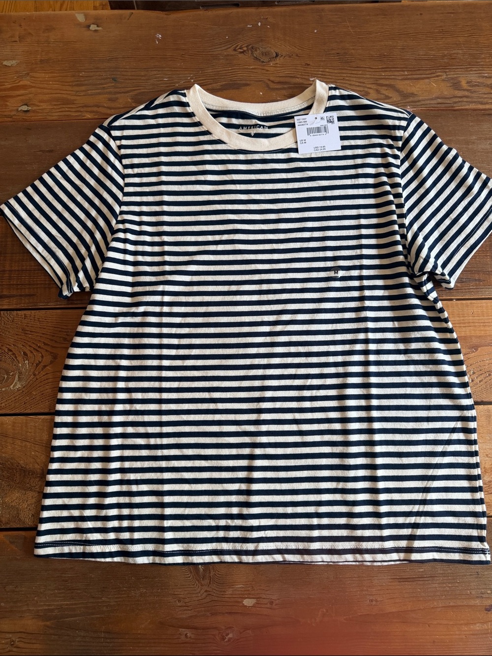 American Eagle Outfitters Navy and Cream Striped Short Sleeve Tee